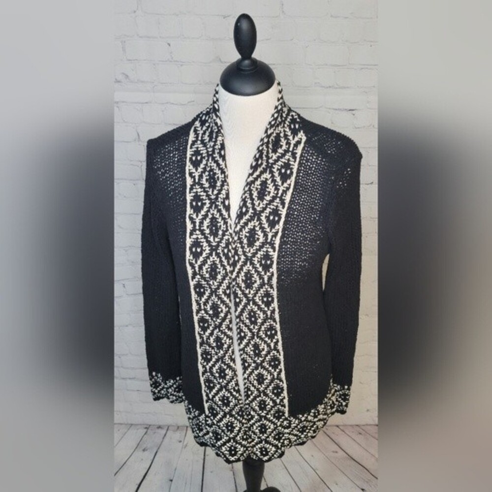 Lucky Brand Open Front Cardigan Sz S Open Stitch Boho Black White NWT